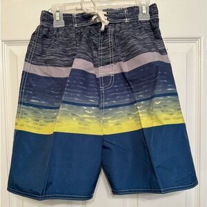 Quad Seven Sz M (8/10) Boy’s Gray Blue Yellow Stripe Swim Trunks